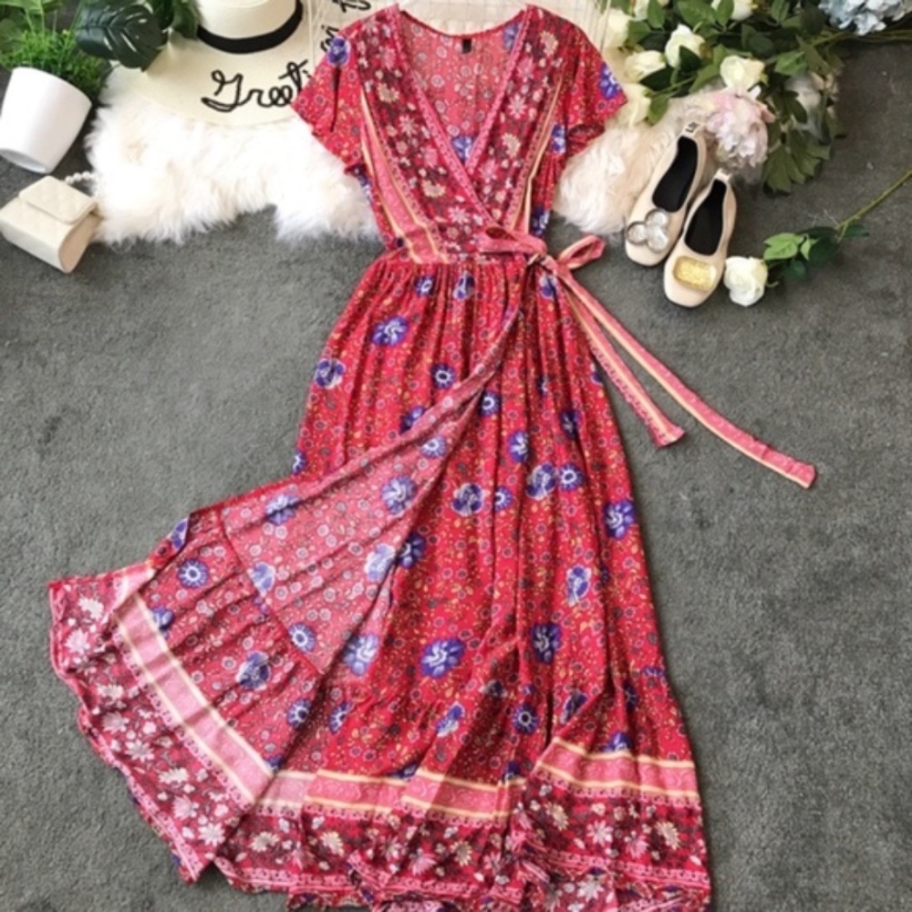 Bohemian Red floral Print maxi kimono dress cover up - Picture 6 of 6